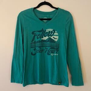 Life Is Good Teal Blue V-neck Long Sleeve Shirt Follow Your Heart Women's Small